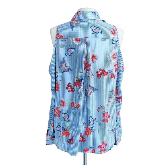 KARLIE Women’s Size M Blue Floral Striped Cold Shoulder Button Front Shirt - Picture 2 of 2